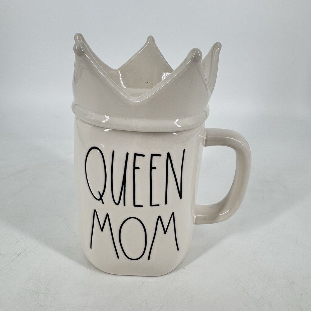 Rae Dunn Queen Mom Mug with Crown Lid White Ceramic 7” New